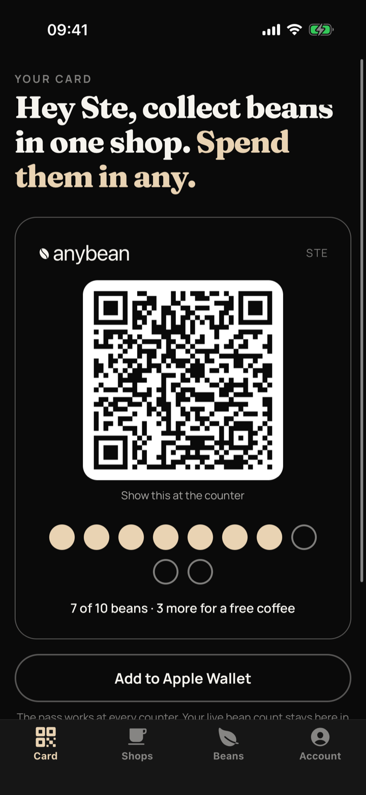 The anybean card with its QR code and bean count
